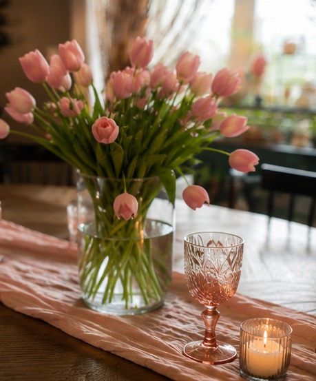 Pink tulips arranged on Tabatha’s dining table in warm natural light
